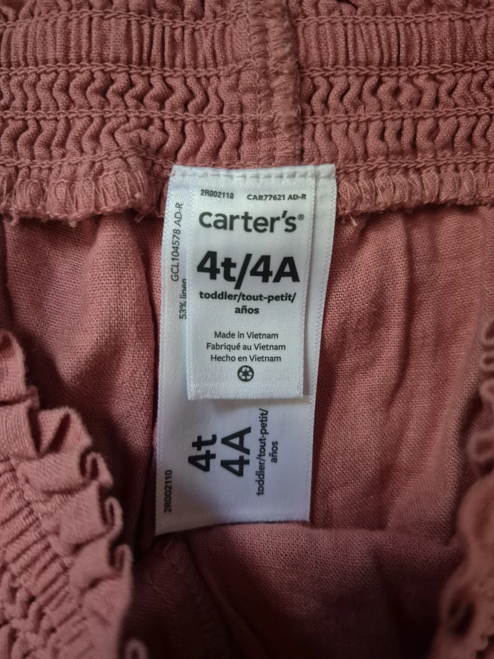 Carter's Rose Pink Elastic Waist Linen-Blend Pants